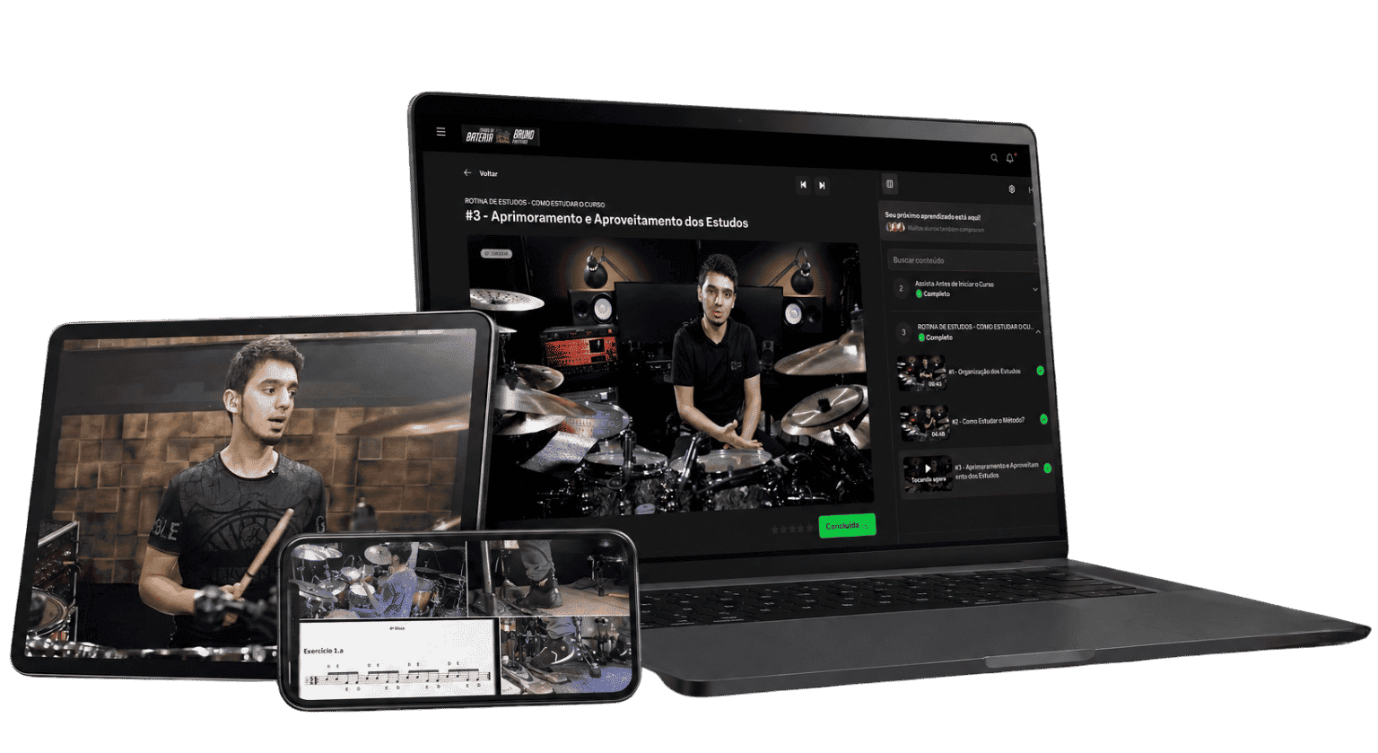 Curso de Bateria Bruno Valverde disponível em laptop, tablet e celular